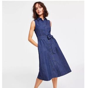 Anne Klein Sleeveless Denim Midi Shirt Dress with Tie Waist
